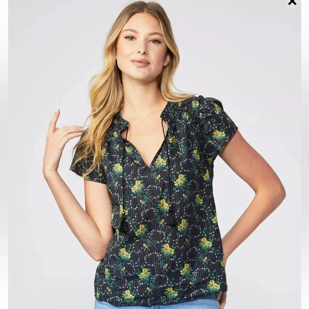 PAIGE Women's Larmie Top Double Flutter Sleeves Smocking Detail on Shoulder Sz S